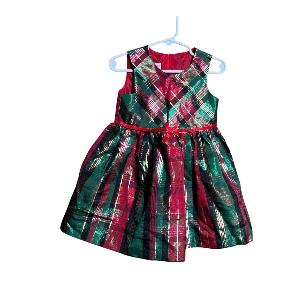 Bonnie Jean Toddler Christmas Holiday Dress, Green, Red, Gold Plaid w/ Bow 2T